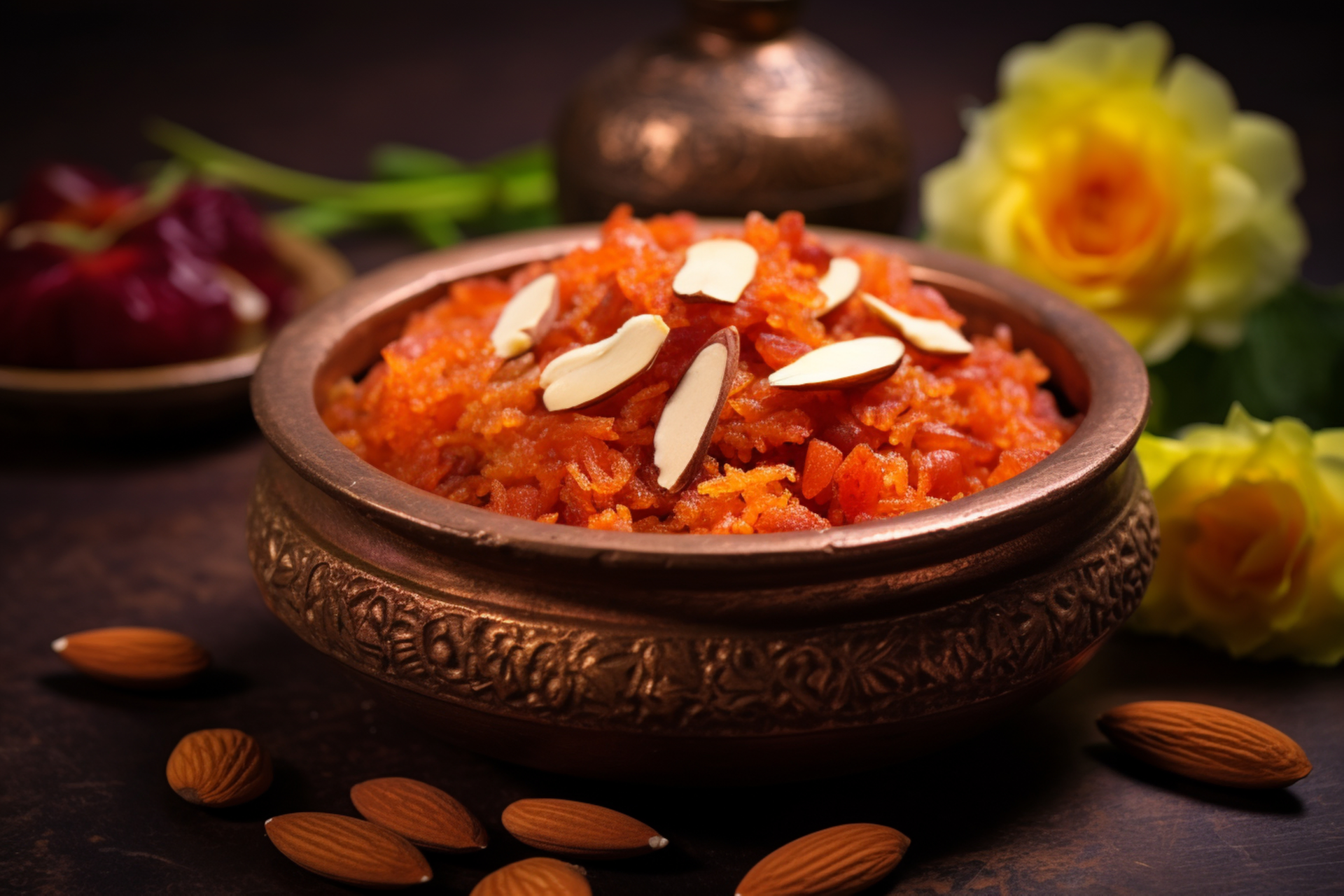 Overhead flat-lay of all ingredients for Gajar ka Halwa with Saffron and Pine Nuts laid out on a kitchen surface.