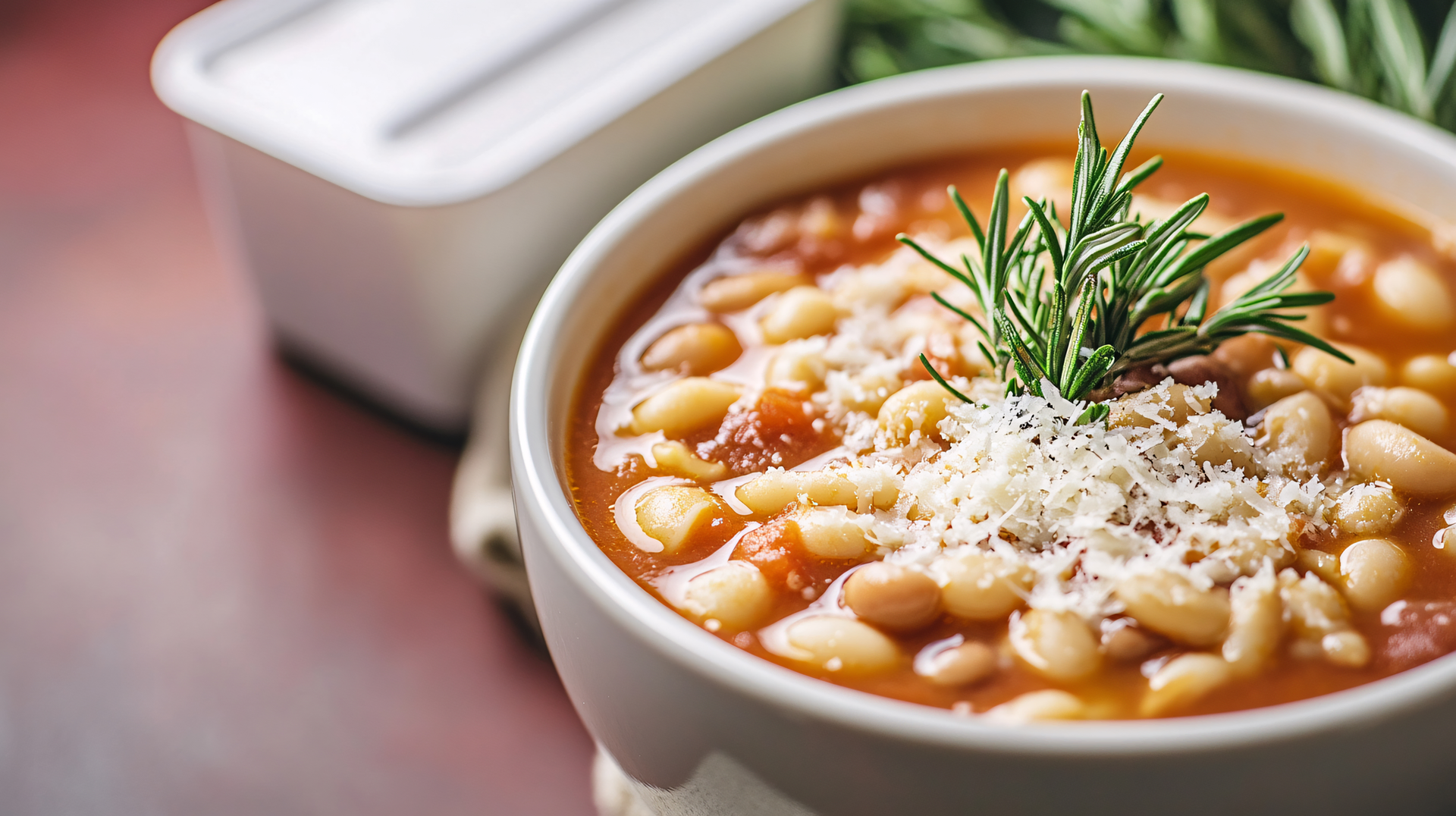 Overhead flat-lay of all ingredients for Garlicky Tuscan White Bean Stew with Rosemary Crostini laid out on a kitchen surface.