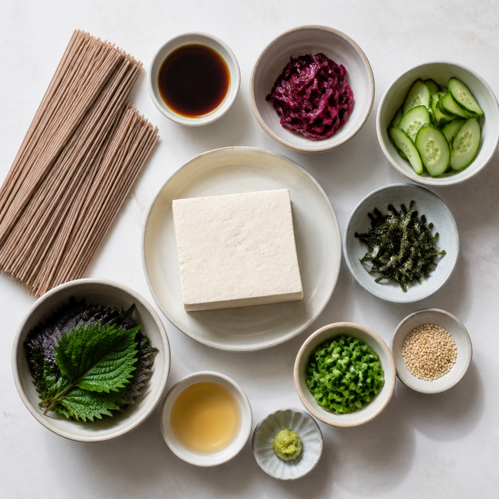 Overhead flat-lay of all ingredients for Aburi Tofu and Pickled Shiso Soba Bowl laid out on a kitchen surface.