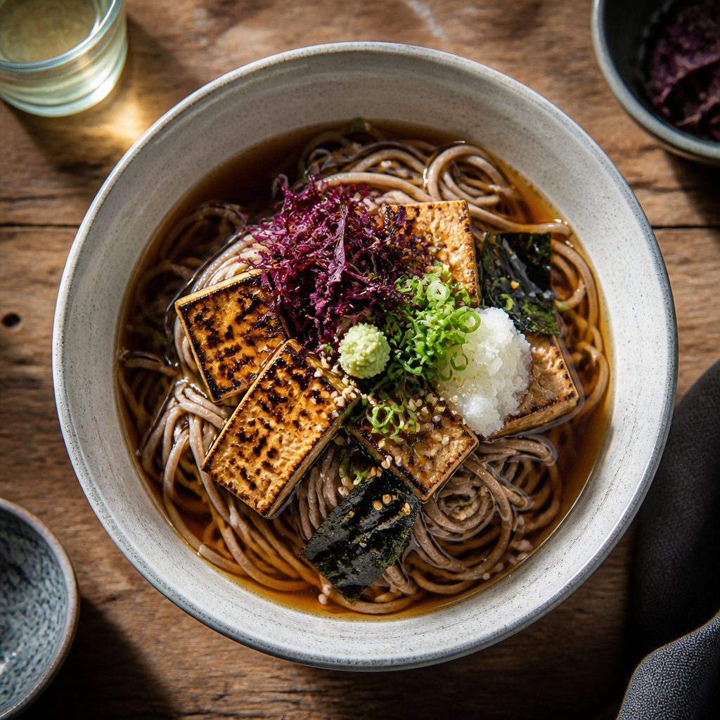 Aburi Tofu and Pickled Shiso Soba Bowl — Japanese Lunch served and photographed from above