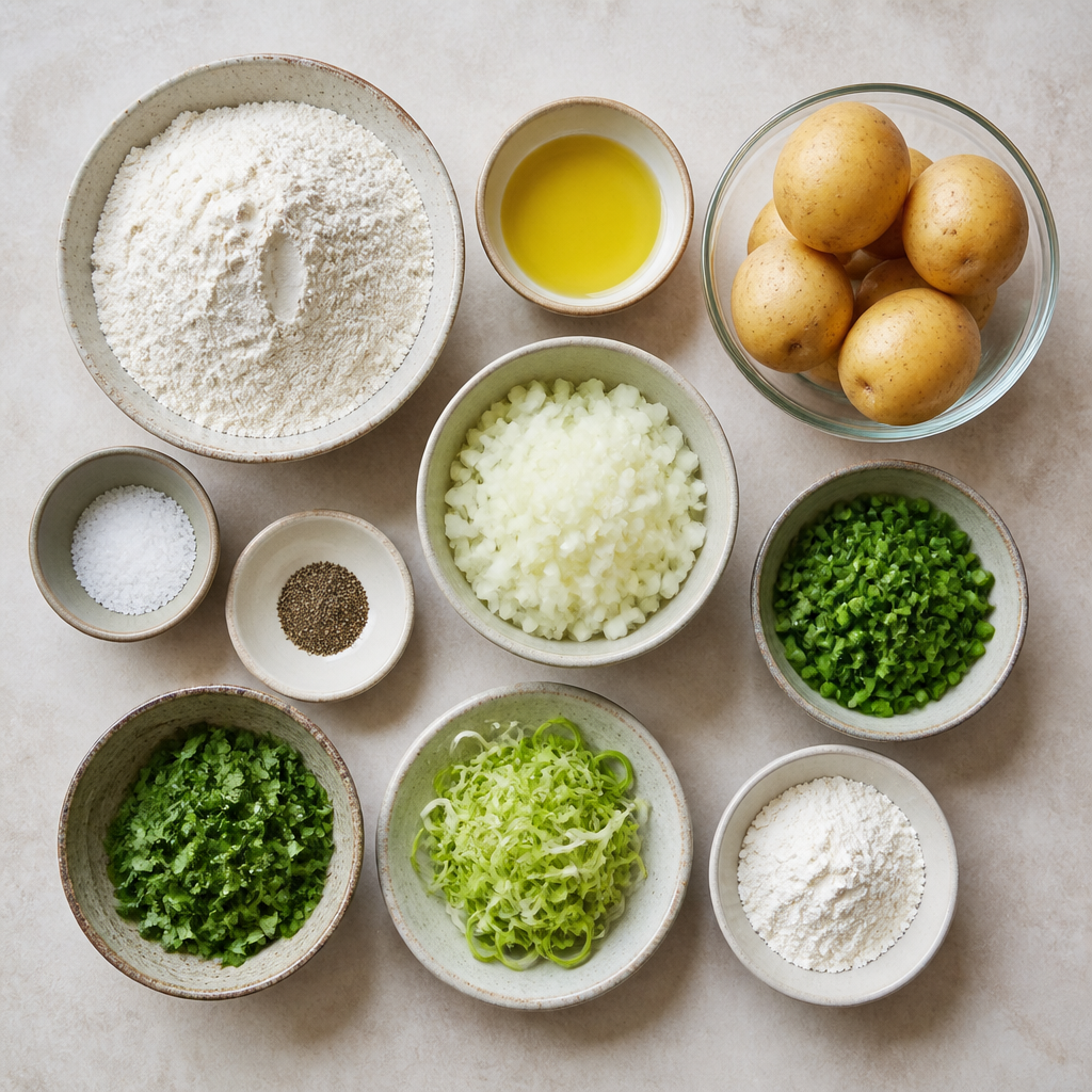 Overhead flat-lay of all ingredients for Afghan Potato Bolani: Crispy Pan-Fried Flatbread Recipe laid out on a kitchen surface.