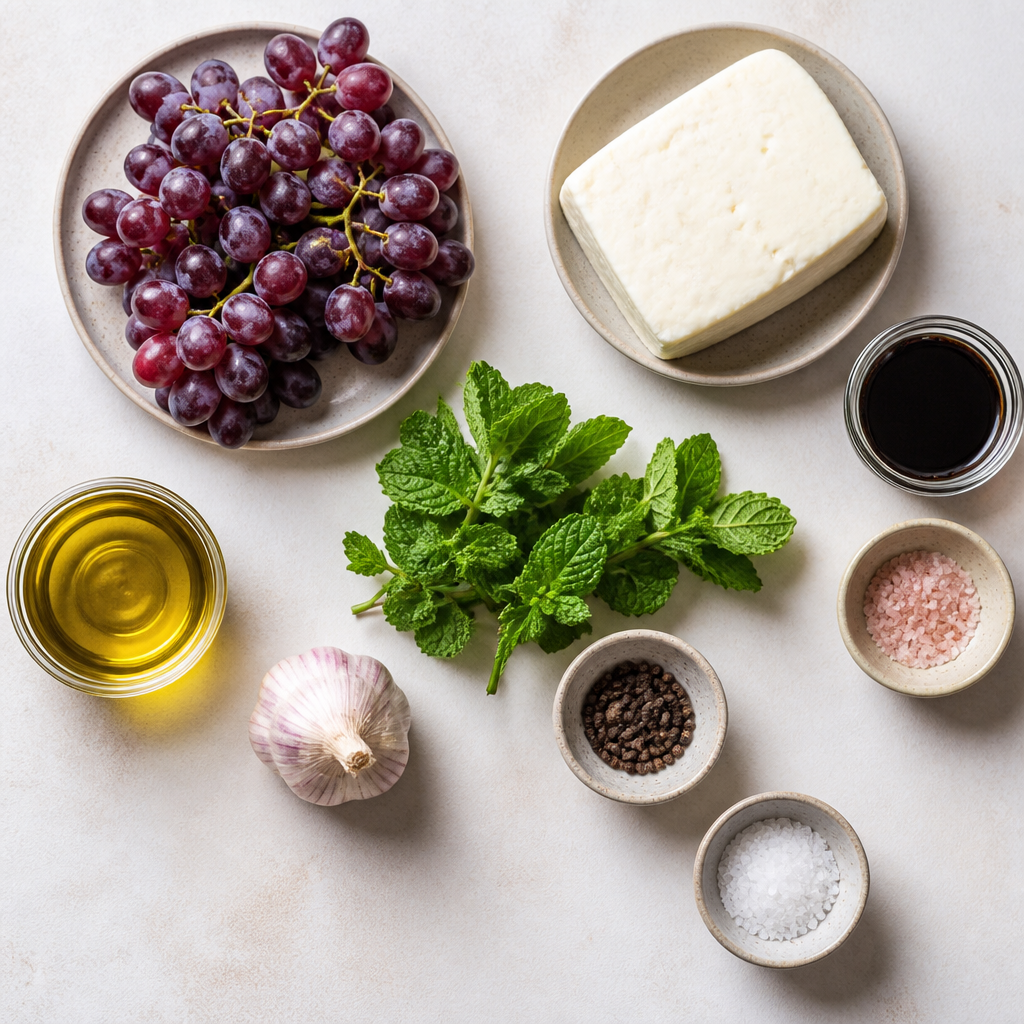 Overhead flat-lay of all ingredients for Aged Balsamic Roasted Halloumi with Grapes and Fried Mint laid out on a kitchen surface.