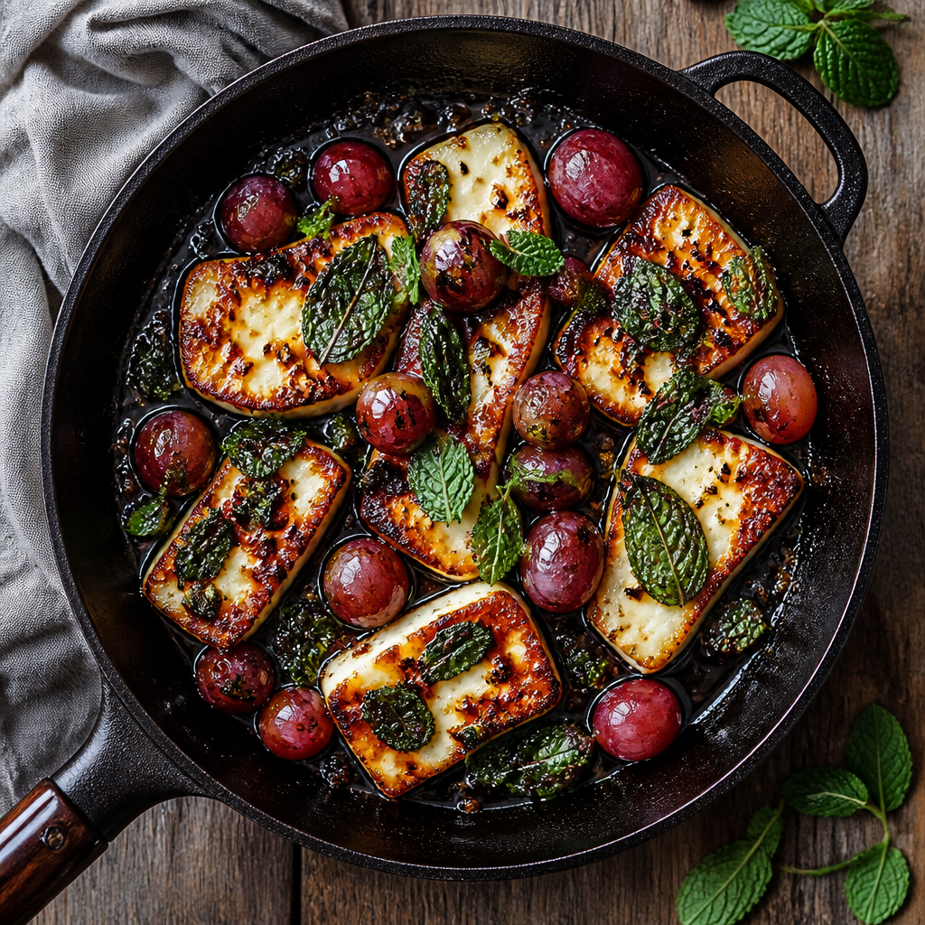 Aged Balsamic Roasted Halloumi with Grapes and Fried Mint