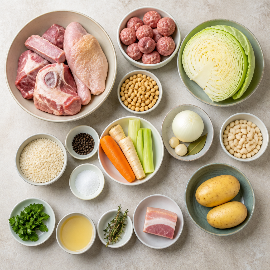 Overhead flat-lay of all ingredients for Andorran Escudella Recipe with Meatballs and Cabbage laid out on a kitchen surface.