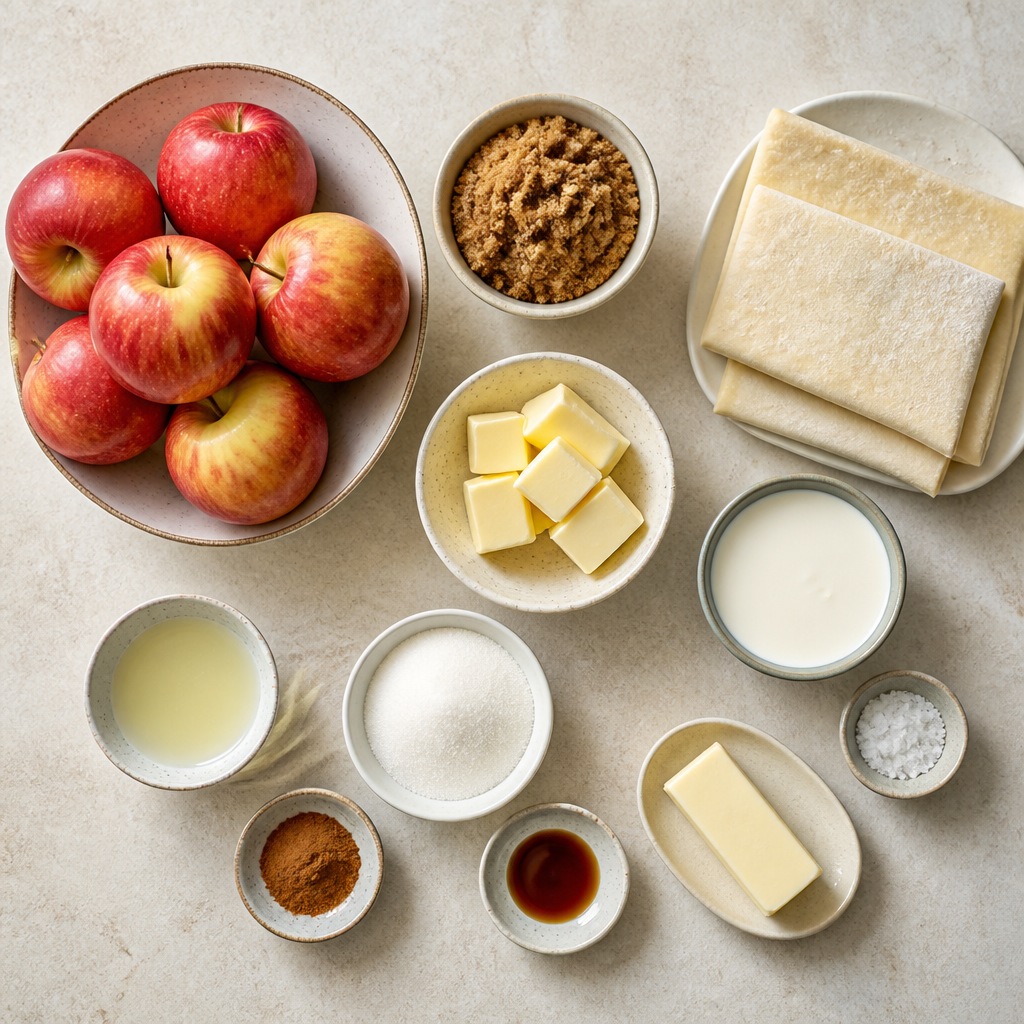 Overhead flat-lay of all ingredients for Apple Tarte Tatin with Flaky Puff Pastry and Caramel laid out on a kitchen surface.