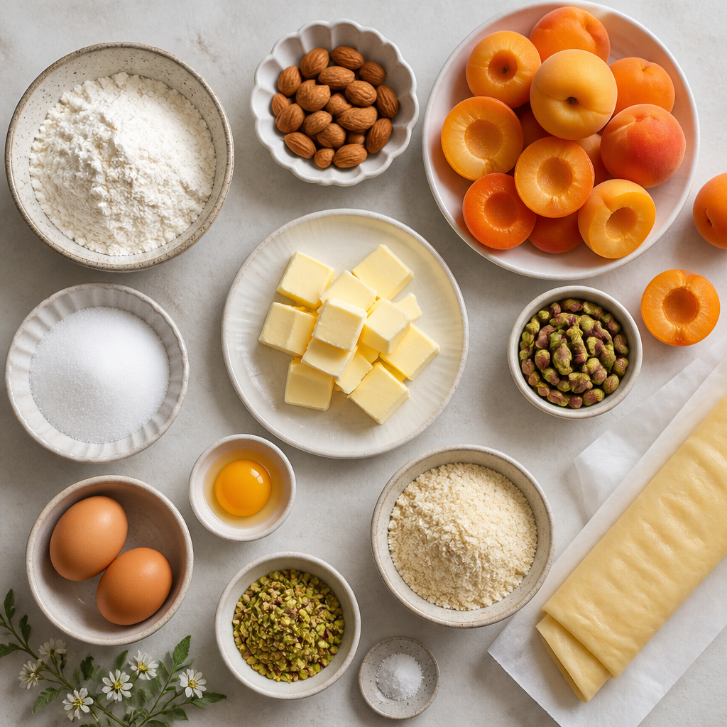 Overhead flat-lay of all ingredients for Apricot Tart With Pistachio Frangipane laid out on a kitchen surface.