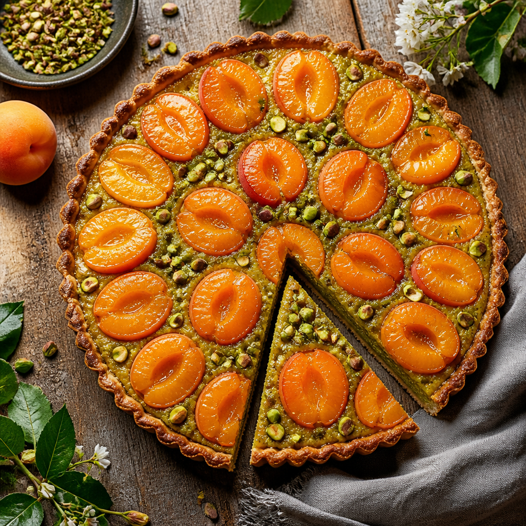 Apricot Tart With Pistachio Frangipane — French Dessert served and photographed from above