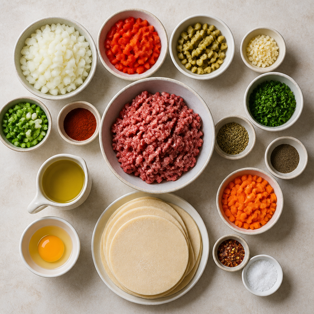 Overhead flat-lay of all ingredients for Argentinian Beef Empanadas with Mendoza Style Filling laid out on a kitchen surface.