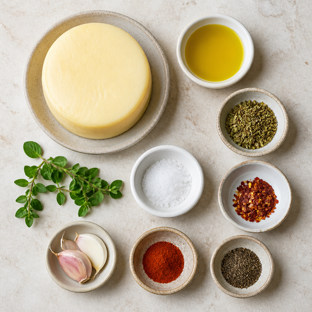 Overhead flat-lay of all ingredients for Argentinian Provoleta Recipe with Smoky Oregano and Chili laid out on a kitchen surface.