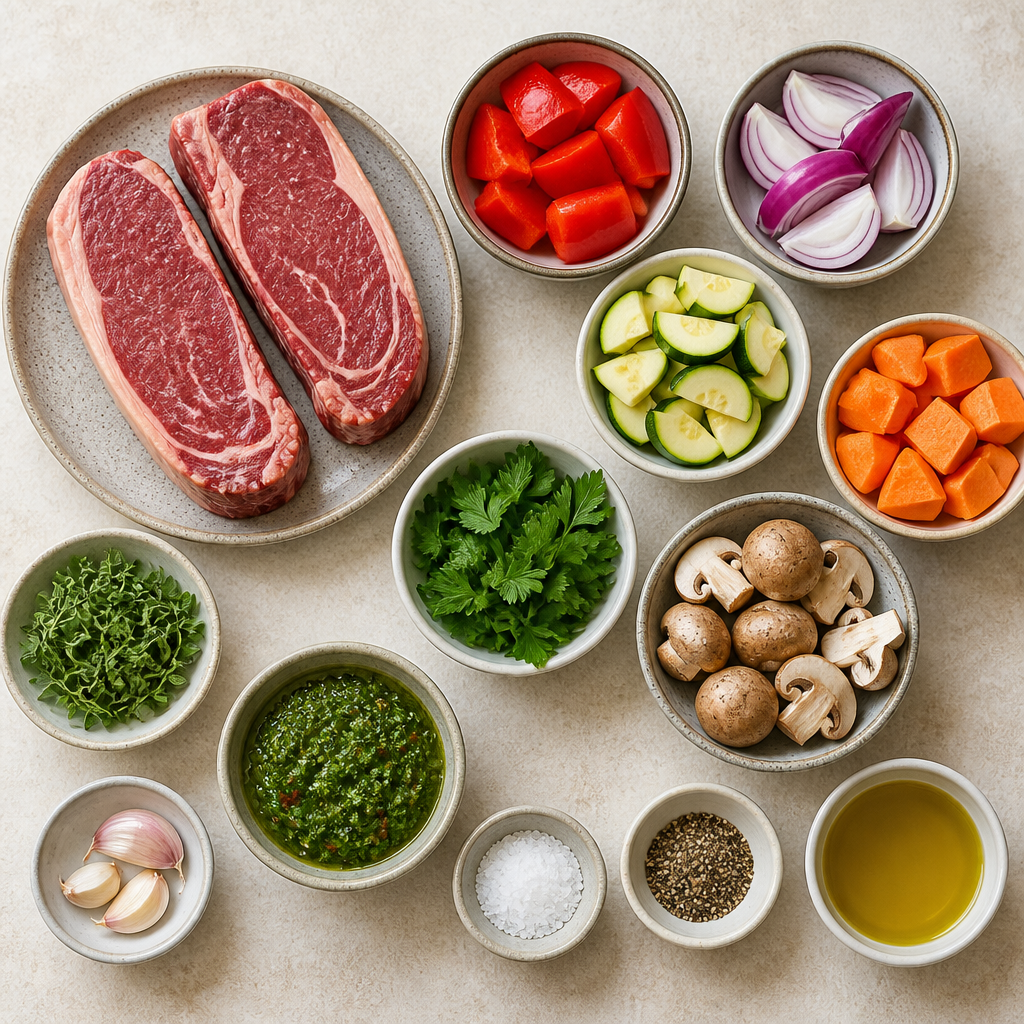 Overhead flat-lay of all ingredients for Argentinian Steak with Chimichurri and Roasted Vegetables laid out on a kitchen surface.