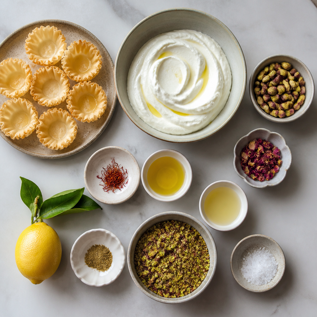 Overhead flat-lay of all ingredients for Aromatic Saffron Labneh Tartlets with Pistachio Dukkah laid out on a kitchen surface.