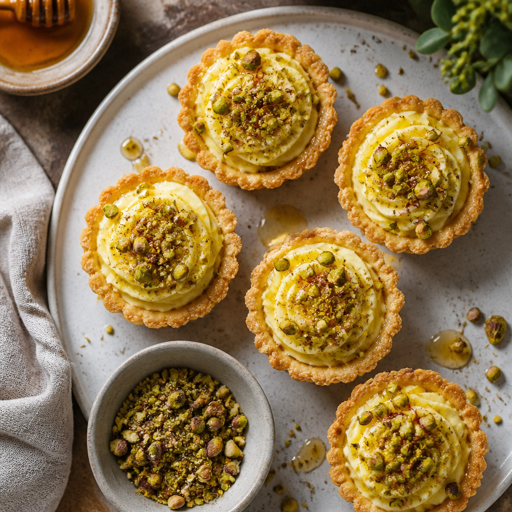 Aromatic Saffron Labneh Tartlets with Pistachio Dukkah — Middle Eastern Appetizer served and photographed from above