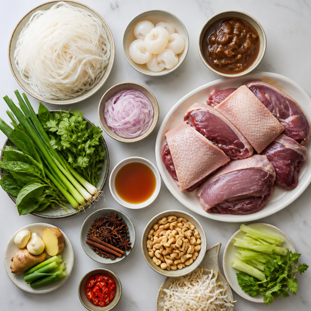 Overhead flat-lay of all ingredients for Aromatic Tamarind Duck and Lychee Rice Noodles laid out on a kitchen surface.