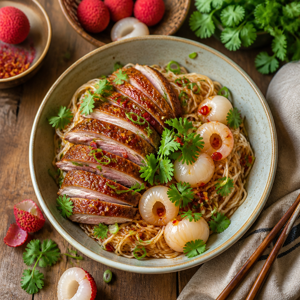 Aromatic Tamarind Duck and Lychee Rice Noodles
