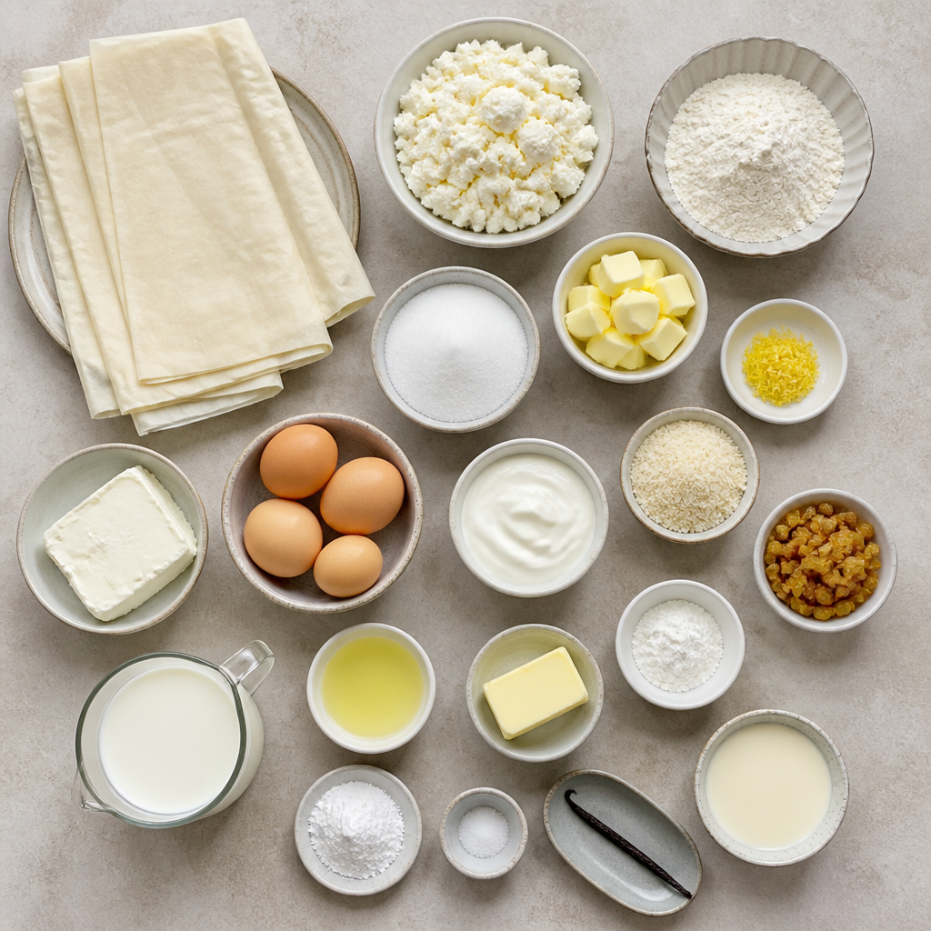 Overhead flat-lay of all ingredients for Austrian Cheese Strudel with Creamy Vanilla Sauce laid out on a kitchen surface.