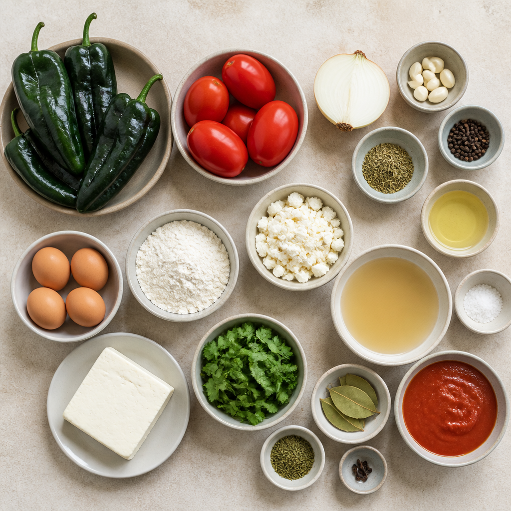Overhead flat-lay of all ingredients for Authentic Chiles Rellenos with Savory Tomato Broth laid out on a kitchen surface.