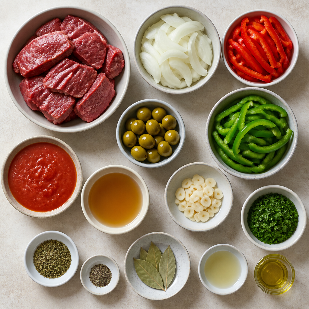 Overhead flat-lay of all ingredients for Authentic Cuban Ropa Vieja Recipe with Peppers and Olives laid out on a kitchen surface.