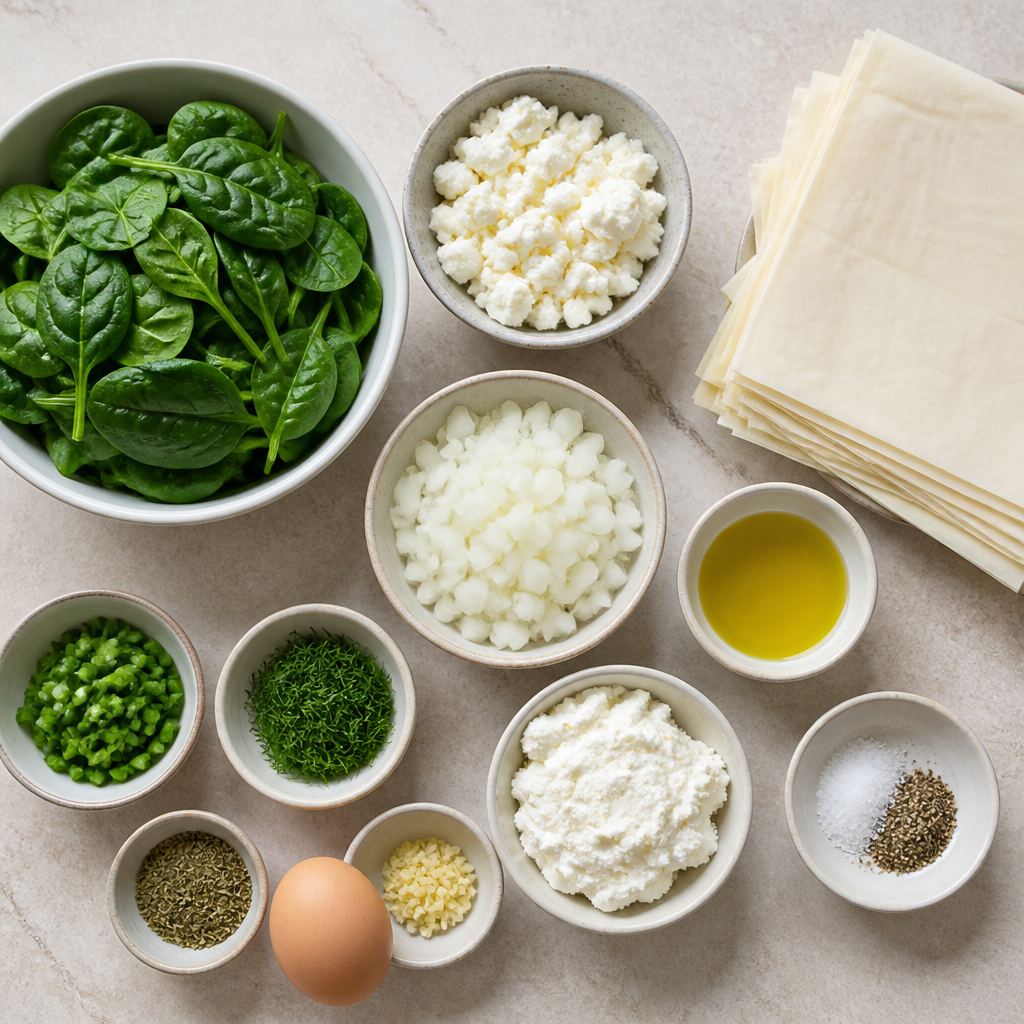 Overhead flat-lay of all ingredients for Authentic Greek Spanakopita Recipe with Spinach and Feta laid out on a kitchen surface.