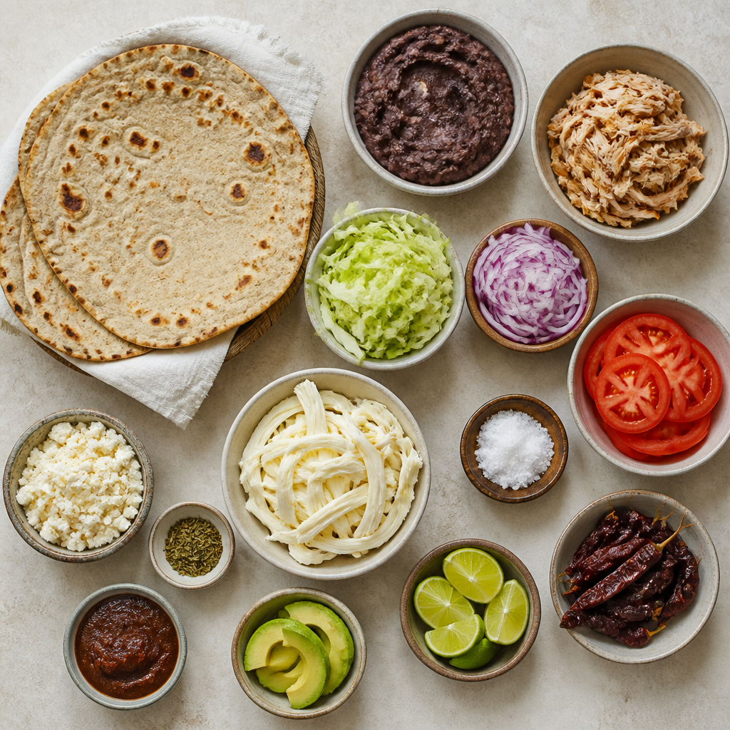 Overhead flat-lay of all ingredients for Authentic Mexican Tlayuda Recipe with Oaxacan Cheese laid out on a kitchen surface.