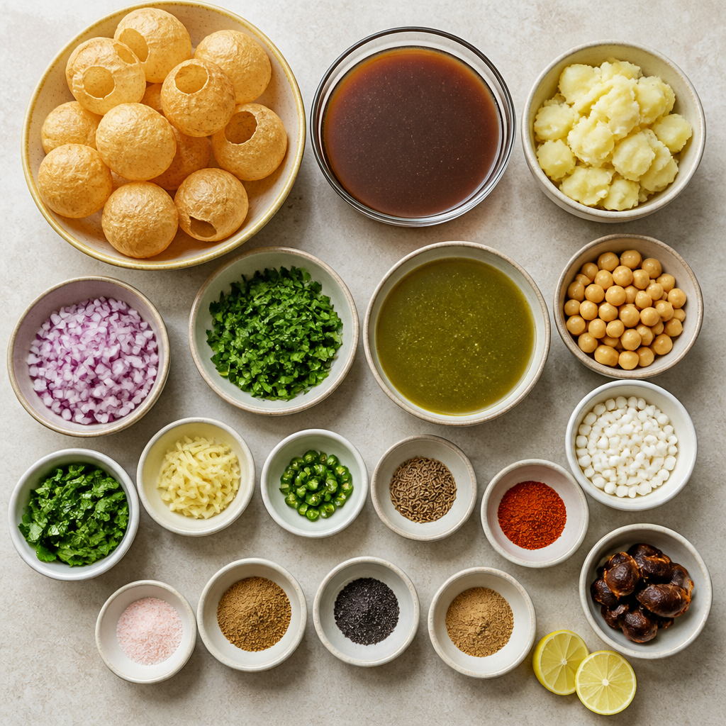 Overhead flat-lay of all ingredients for Authentic Pani Puri Recipe with Tangy Tamarind Water laid out on a kitchen surface.