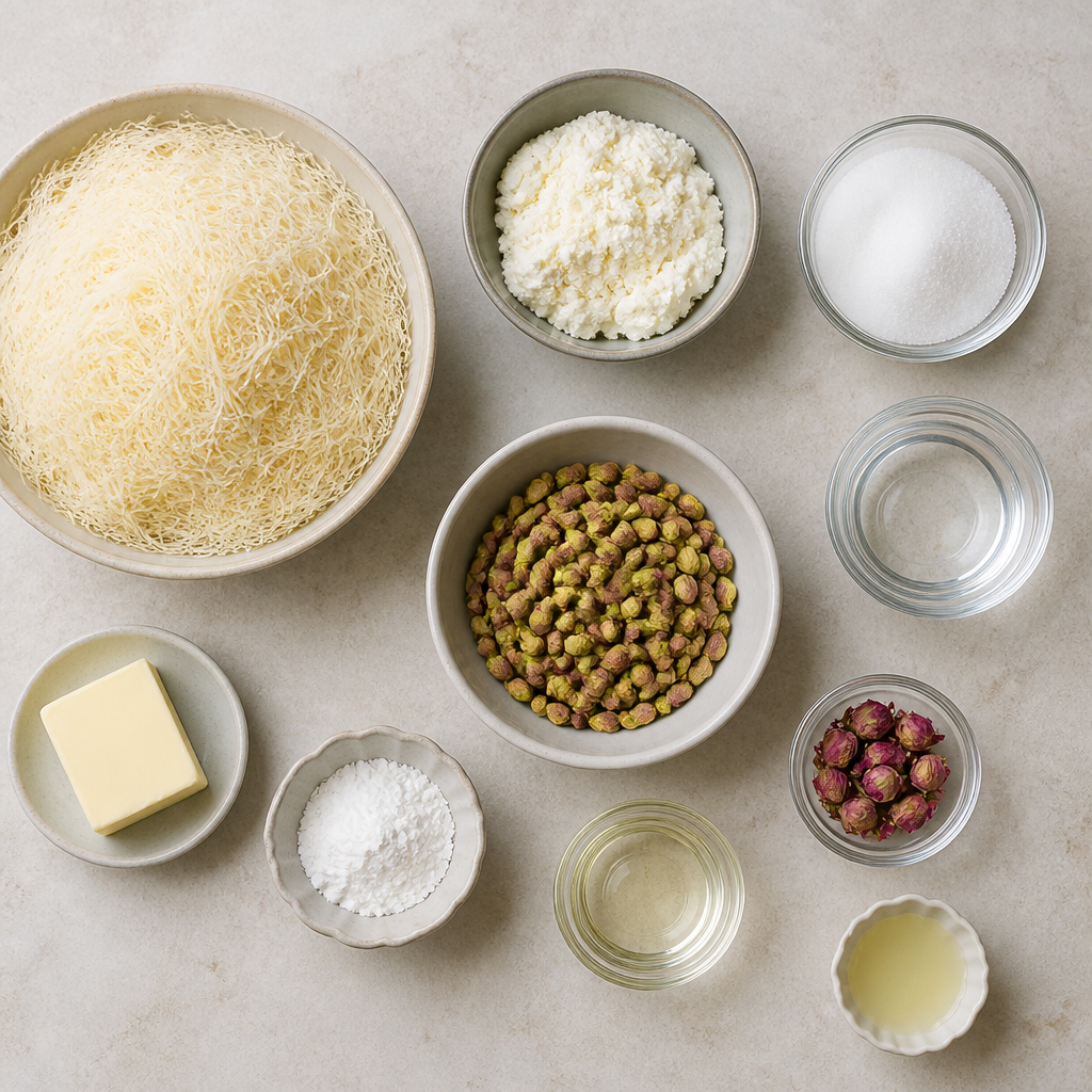 Overhead flat-lay of all ingredients for Authentic Turkish Kunefe Recipe with Rose Water Syrup laid out on a kitchen surface.