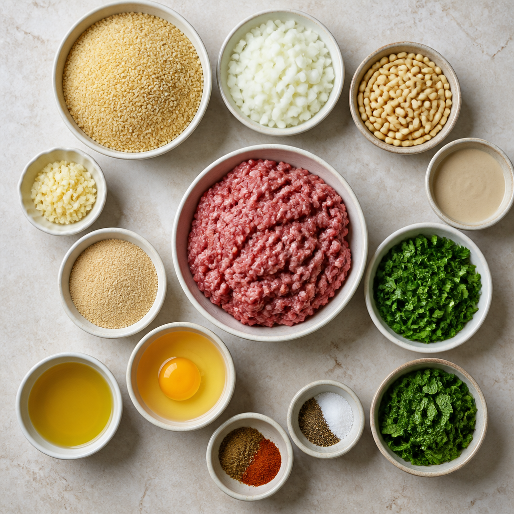 Overhead flat-lay of all ingredients for Baked Kibbeh Recipe with Pine Nuts and Tahini Sauce laid out on a kitchen surface.