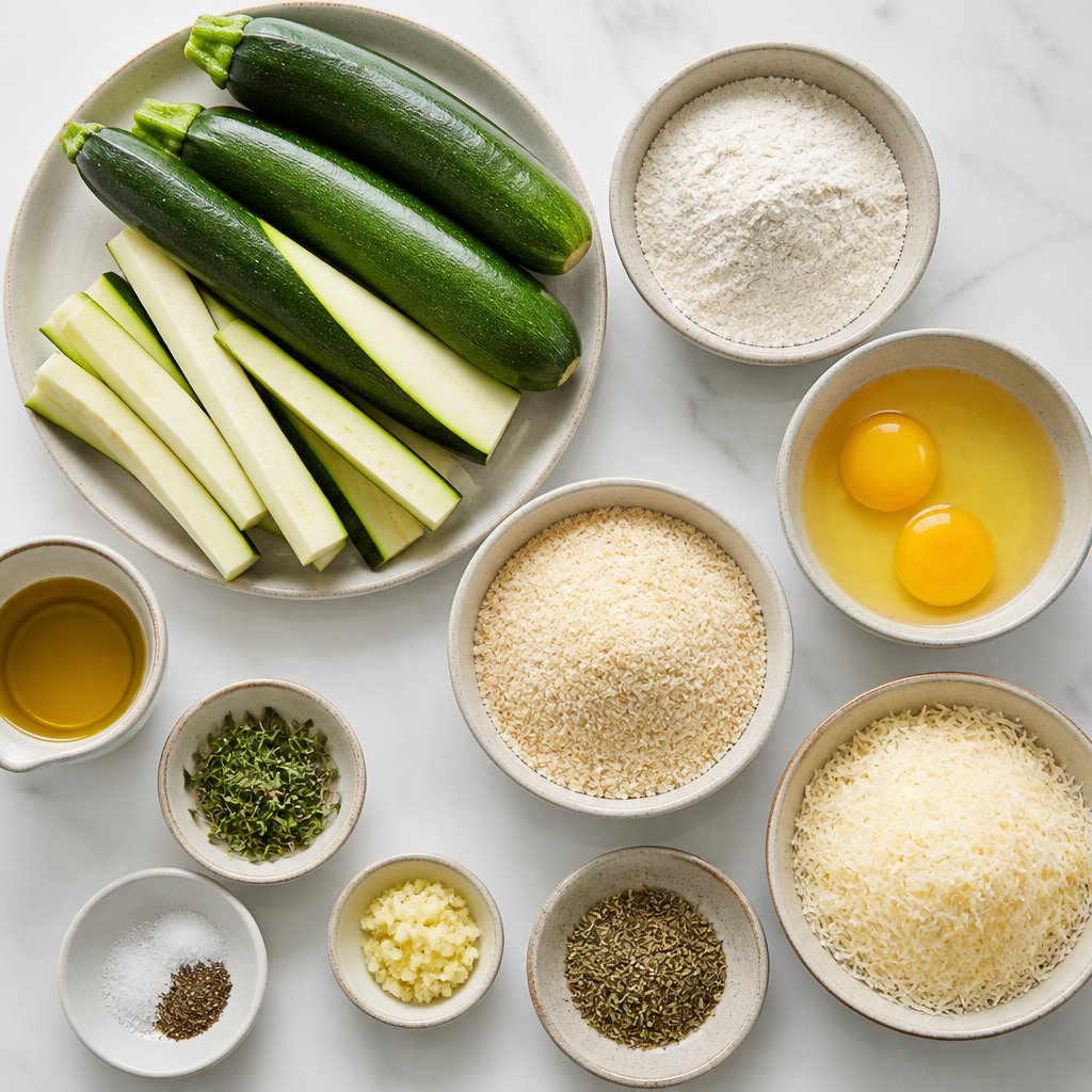 Overhead flat-lay of all ingredients for Baked Zucchini Fries With Parmesan Herb Crust laid out on a kitchen surface.
