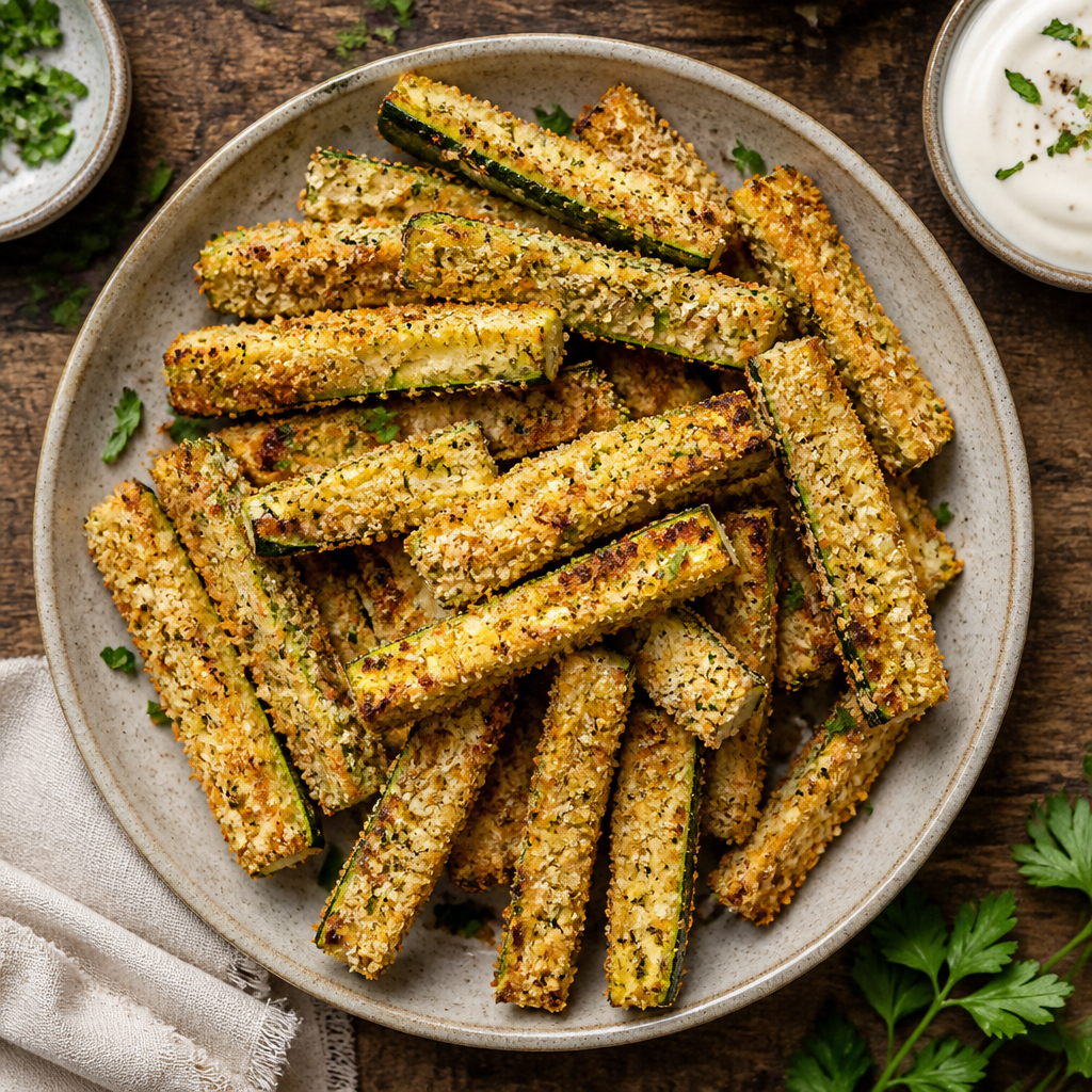 Baked Zucchini Fries With Parmesan Herb Crust — American Appetizer served and photographed from above
