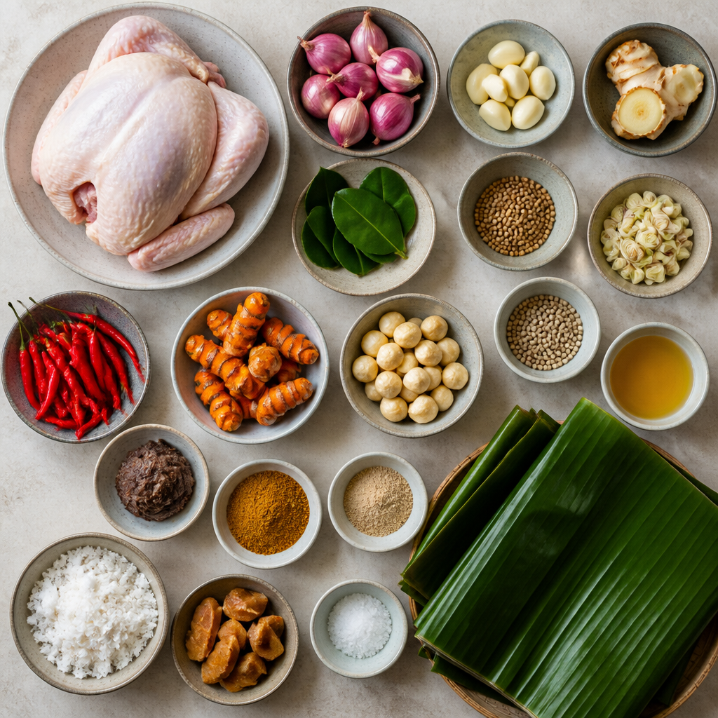 Overhead flat-lay of all ingredients for Balinese Ayam Betutu Recipe with Spiced Banana Leaf Wrap laid out on a kitchen surface.