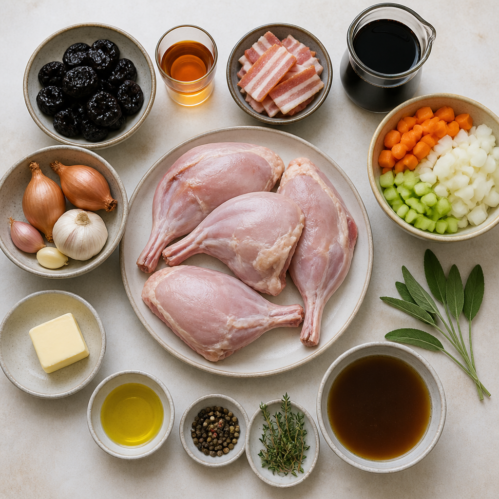 Overhead flat-lay of all ingredients for Balsamic-Braised Rabbit Thighs with Prune and Armagnac Reduction laid out on a kitchen surface.
