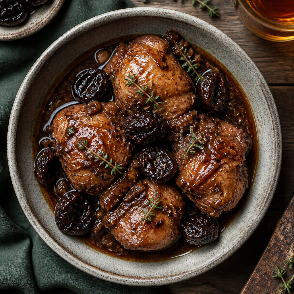 Balsamic-Braised Rabbit Thighs with Prune and Armagnac Reduction — French Dinner served and photographed from above