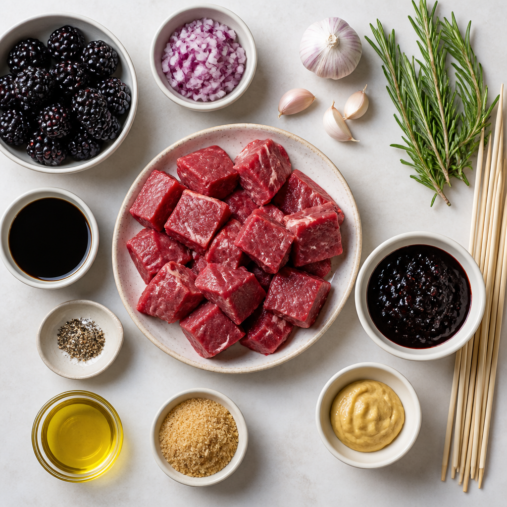 Overhead flat-lay of all ingredients for Balsamic Glazed Steak Skewers with Blackberry Relish laid out on a kitchen surface.