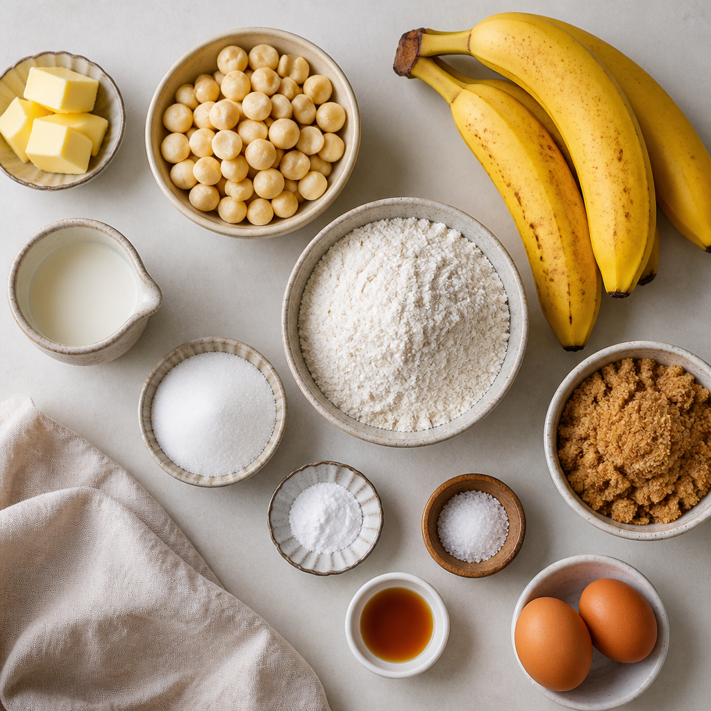 Overhead flat-lay of all ingredients for Banana Bread With Toasted Macadamia Nuts laid out on a kitchen surface.