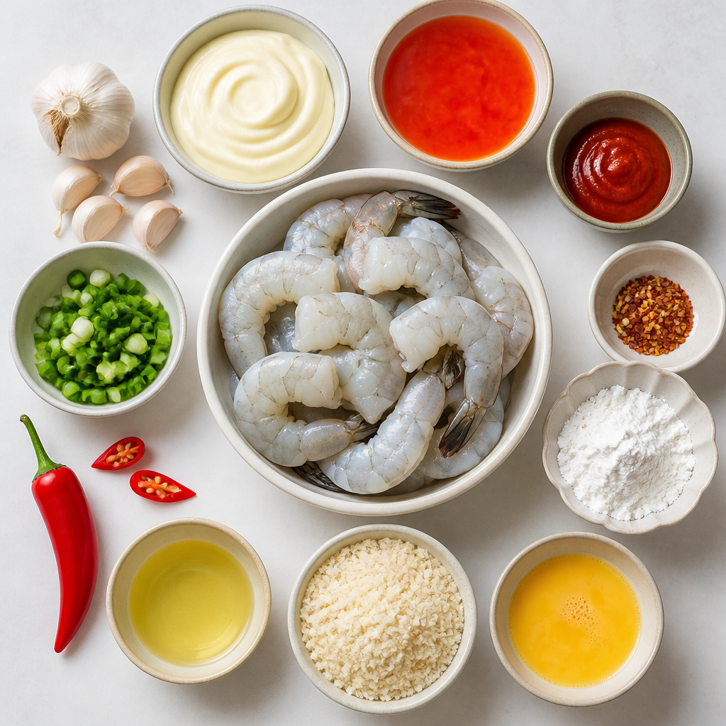 Overhead flat-lay of all ingredients for Bang Bang Shrimp With Spicy Garlic Aioli laid out on a kitchen surface.