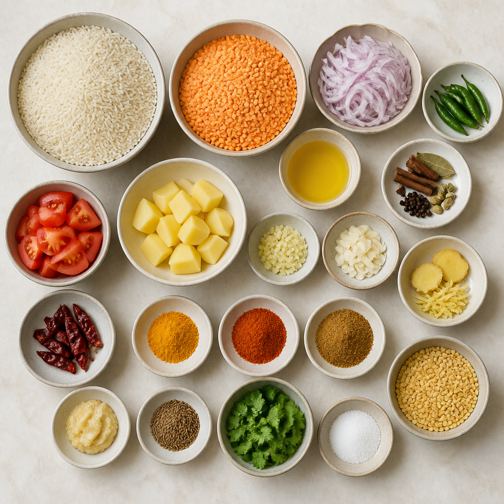 Overhead flat-lay of all ingredients for Bangladeshi Bhuna Khichuri Recipe for Spiced Lentil Rice laid out on a kitchen surface.