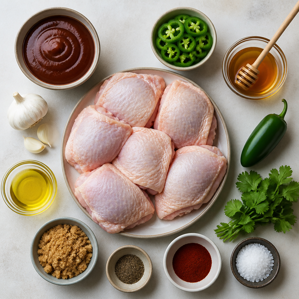 Overhead flat-lay of all ingredients for Barbecue Chicken Thighs With Jalapeno Glaze laid out on a kitchen surface.