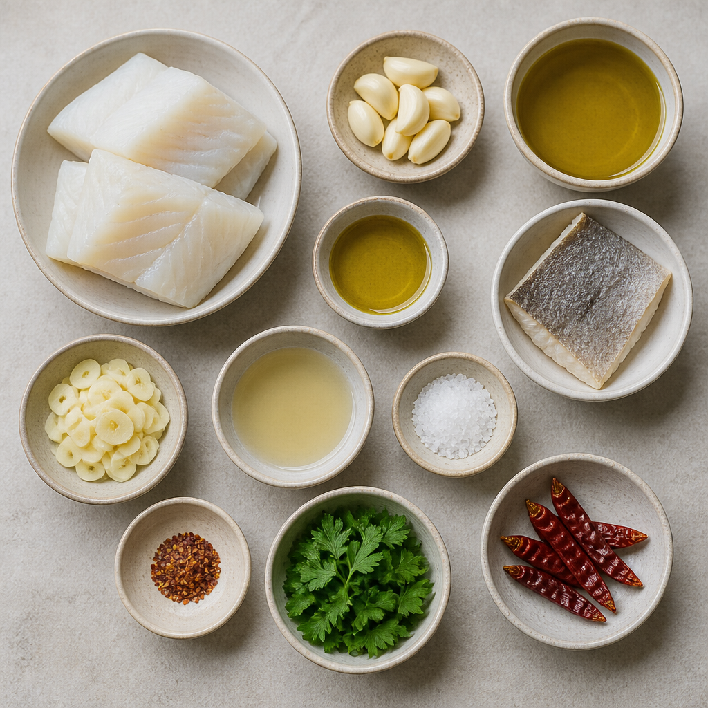 Overhead flat-lay of all ingredients for Basque Bacalao al Pil Pil with Garlic Olive Oil Emulsion laid out on a kitchen surface.