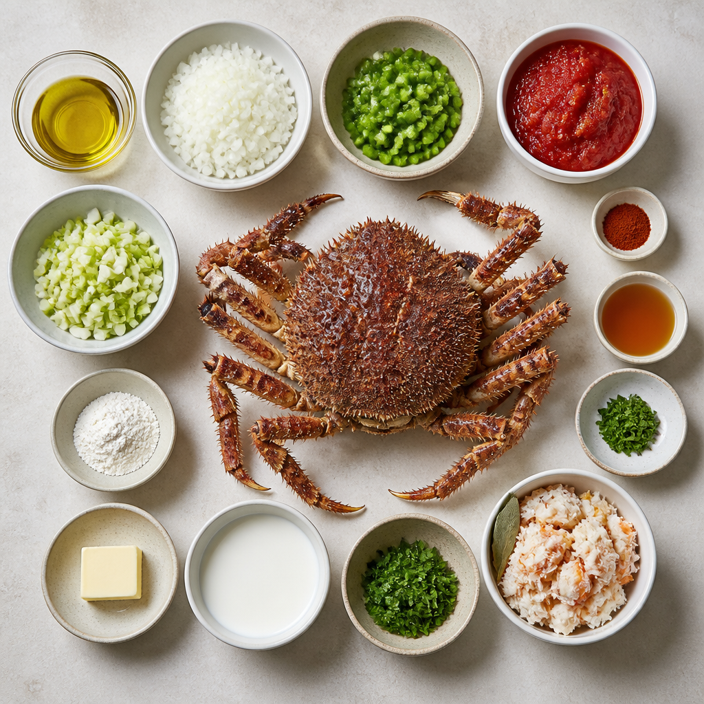 Overhead flat-lay of all ingredients for Basque Spider Crab Recipe: Txangurro a la Donostiarra laid out on a kitchen surface.