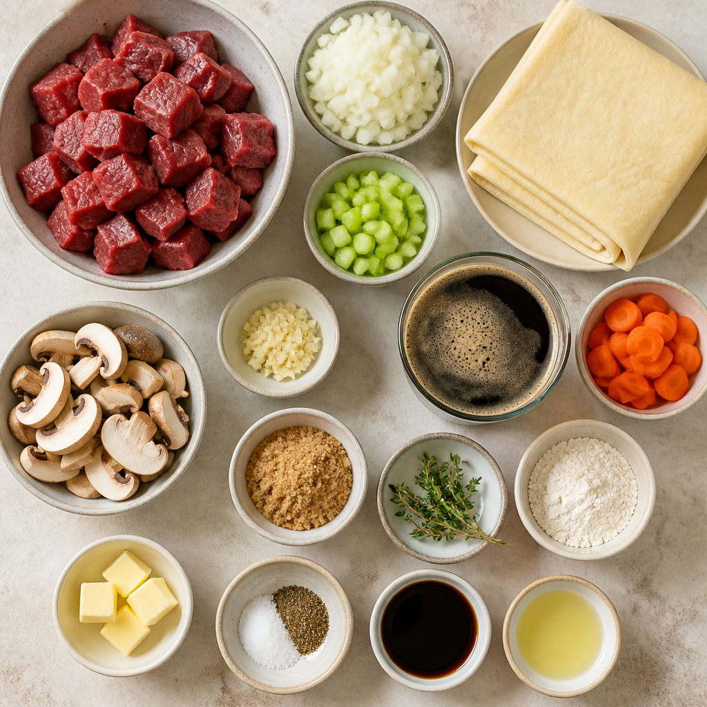 Overhead flat-lay of all ingredients for Beef and Guinness Pie with Flaky Puff Pastry laid out on a kitchen surface.