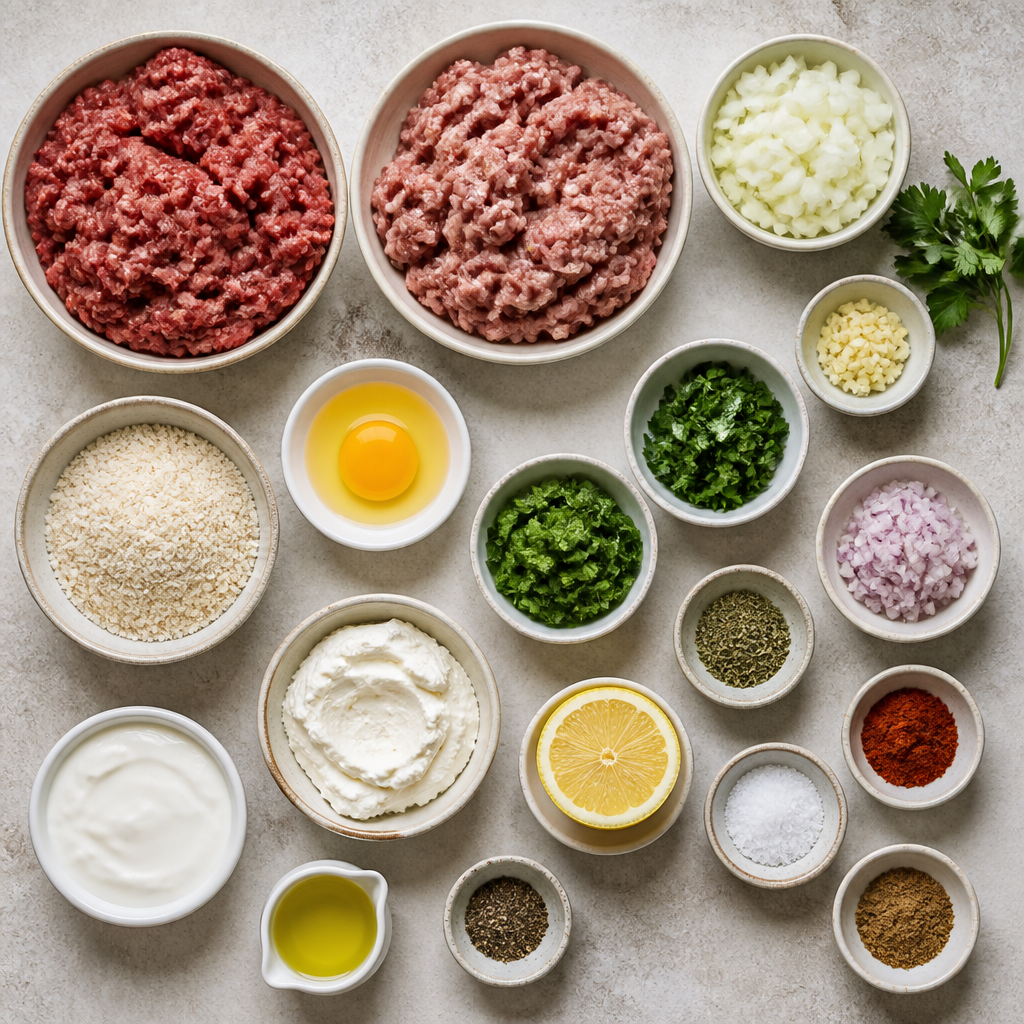 Overhead flat-lay of all ingredients for Beef and Lamb Kofta with Creamy Garlic Sauce laid out on a kitchen surface.
