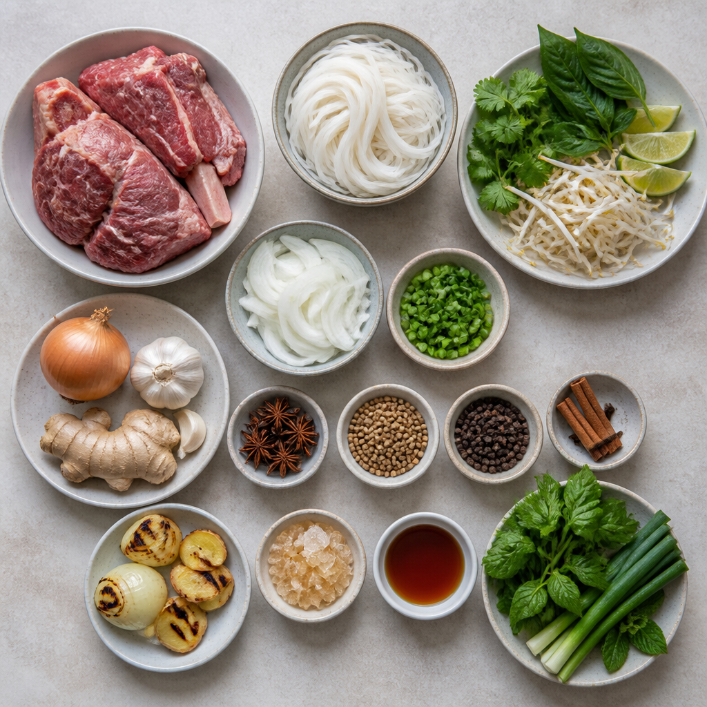 Overhead flat-lay of all ingredients for Beef Pho Recipe with Authentic Aromatic Broth laid out on a kitchen surface.