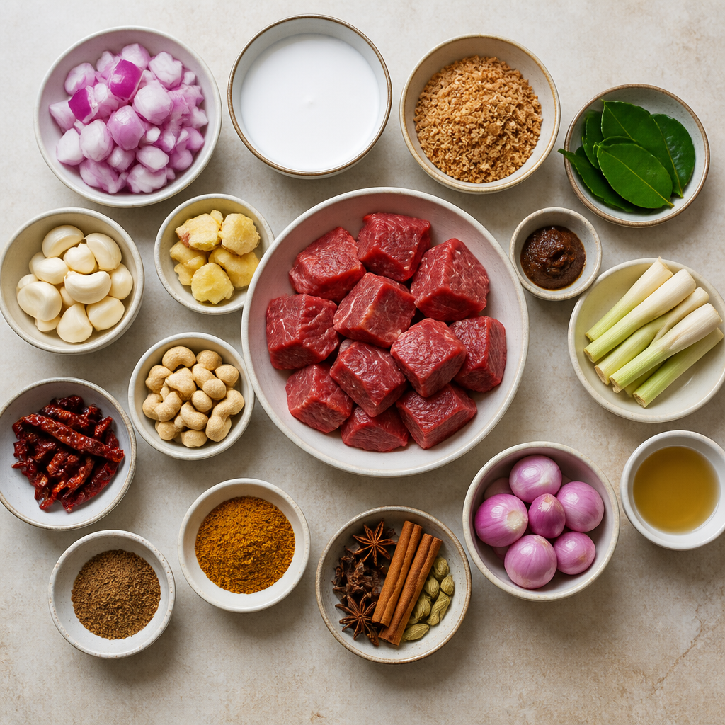 Overhead flat-lay of all ingredients for Beef Rendang Recipe with Slow-Cooked Coconut Curry Spices laid out on a kitchen surface.