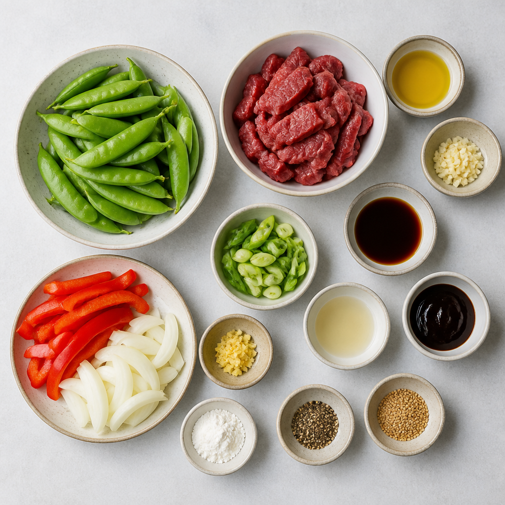 Overhead flat-lay of all ingredients for Beef Stir Fry With Blistered Snap Peas laid out on a kitchen surface.