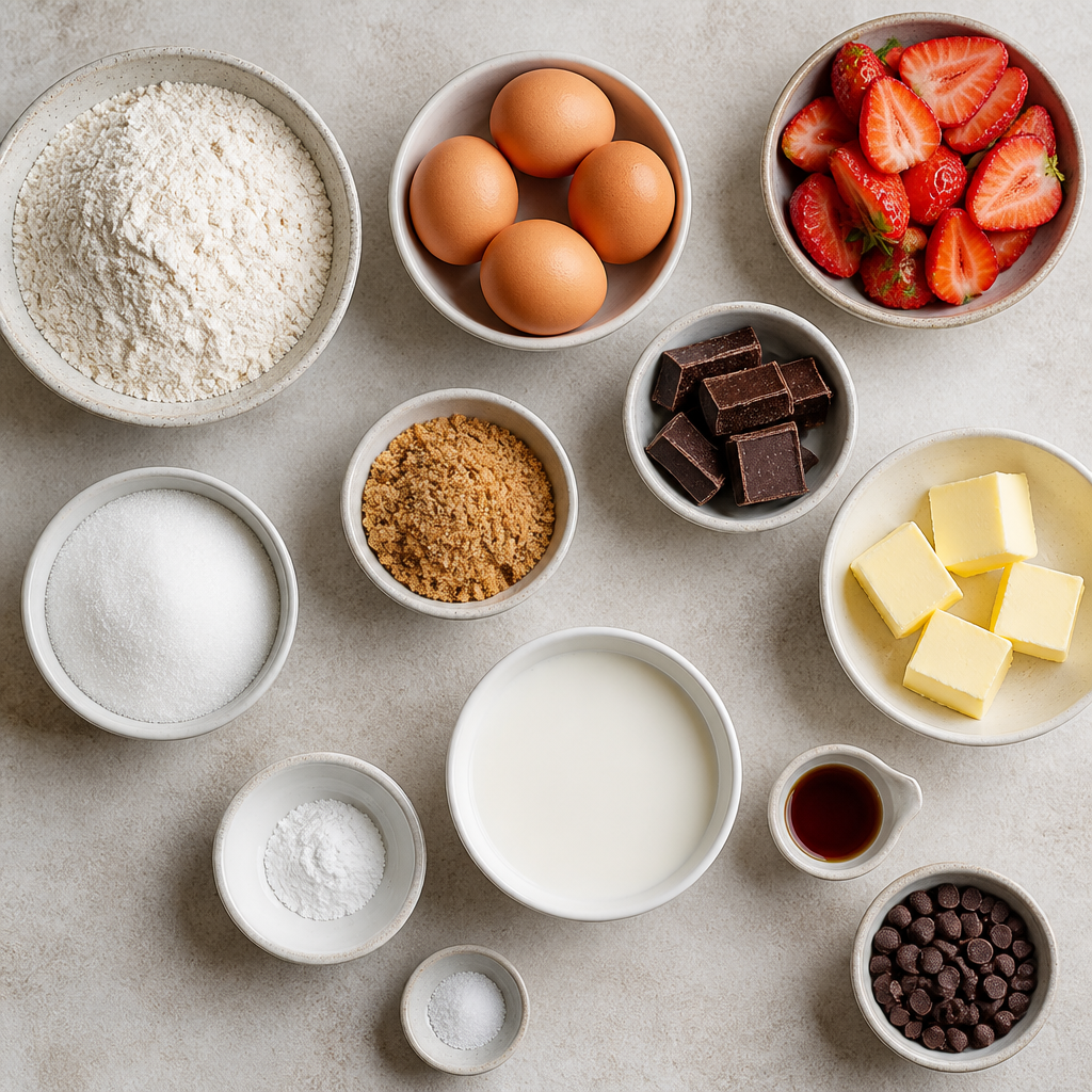 Overhead flat-lay of all ingredients for Belgian Waffle Recipe with Chocolate and Strawberries laid out on a kitchen surface.
