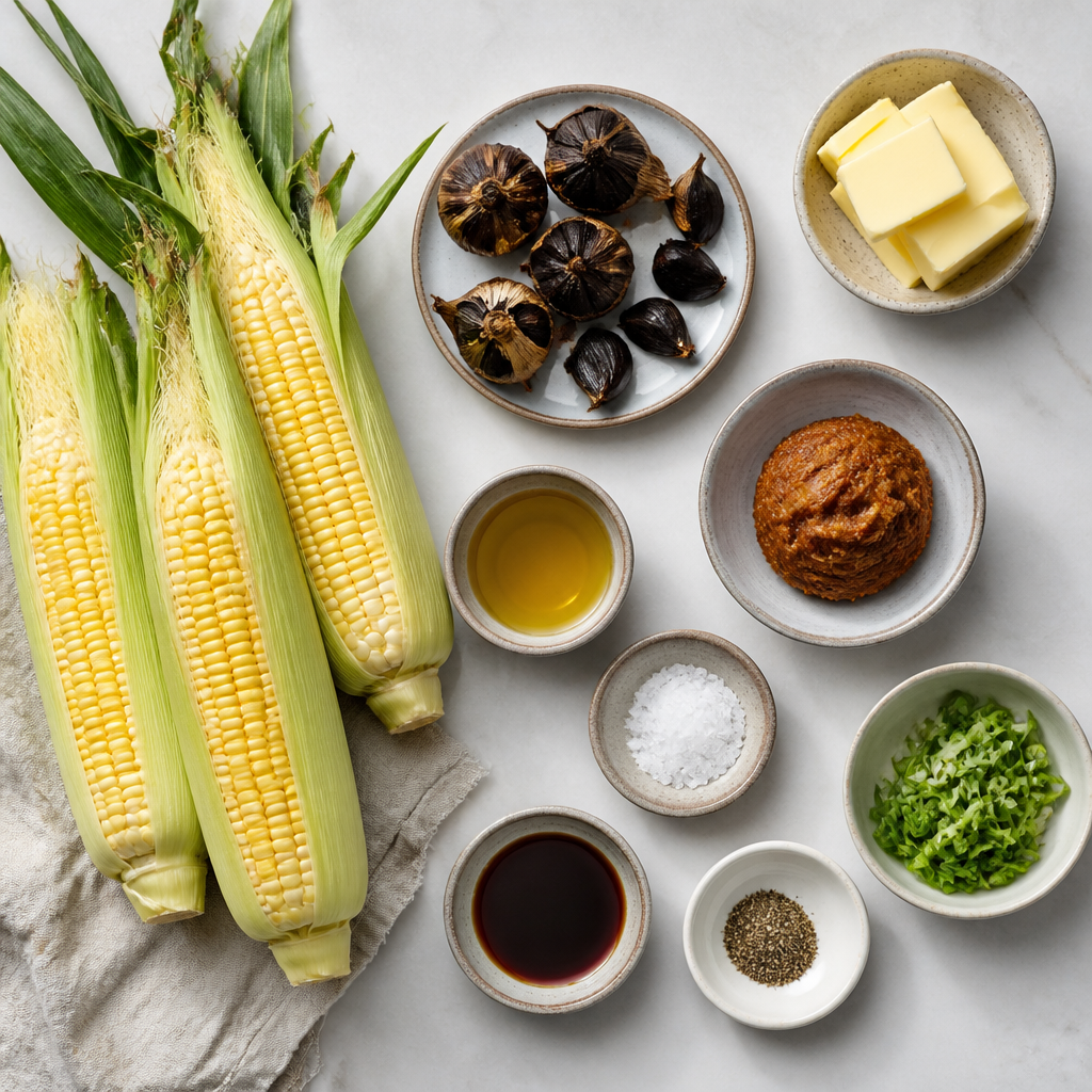 Overhead flat-lay of all ingredients for Black Garlic Grilled Corn with Miso Butter laid out on a kitchen surface.