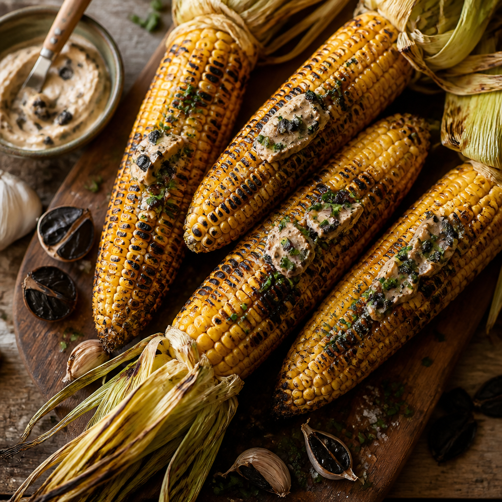 Black Garlic Grilled Corn with Miso Butter