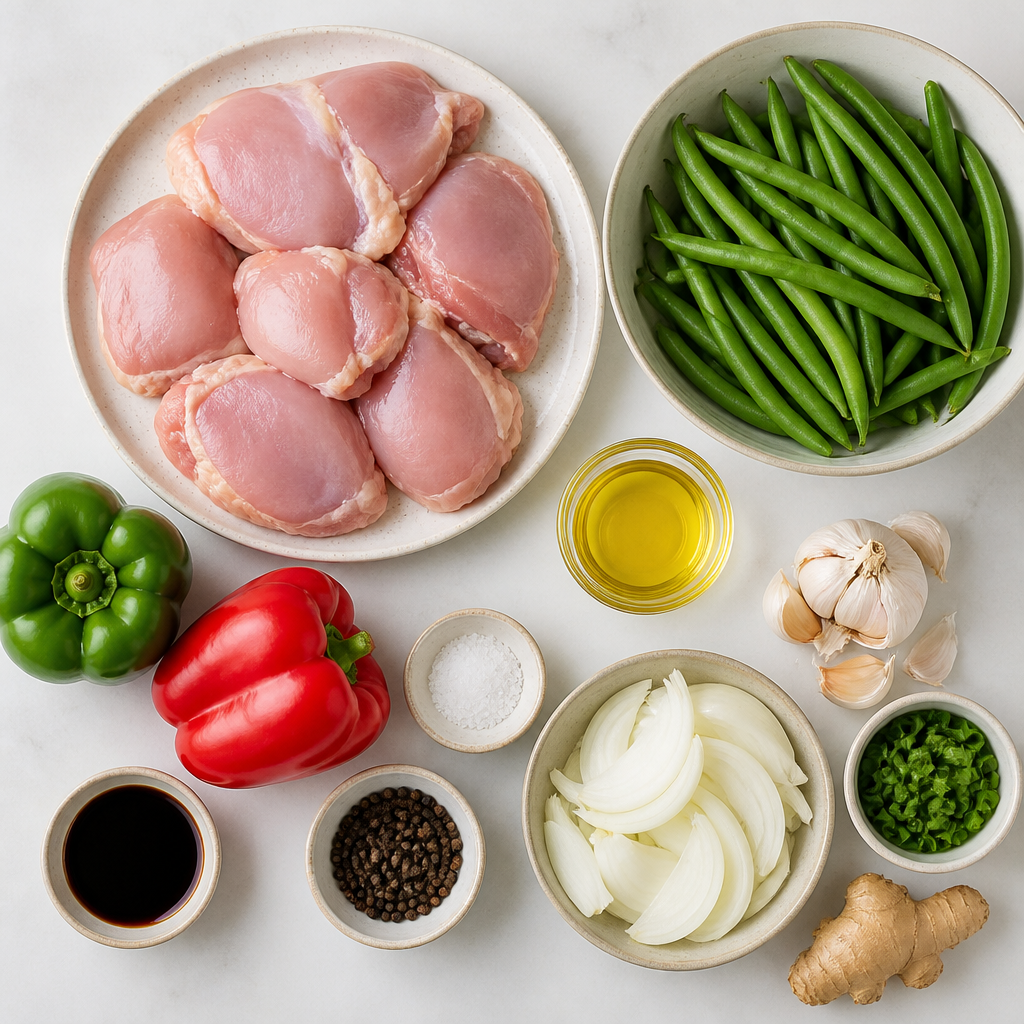 Overhead flat-lay of all ingredients for Black Pepper Chicken With Blistered Green Beans laid out on a kitchen surface.