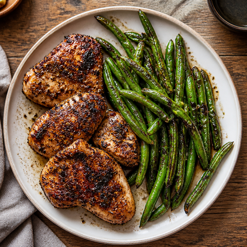 Black Pepper Chicken With Blistered Green Beans — Chinese-American Dinner served and photographed from above