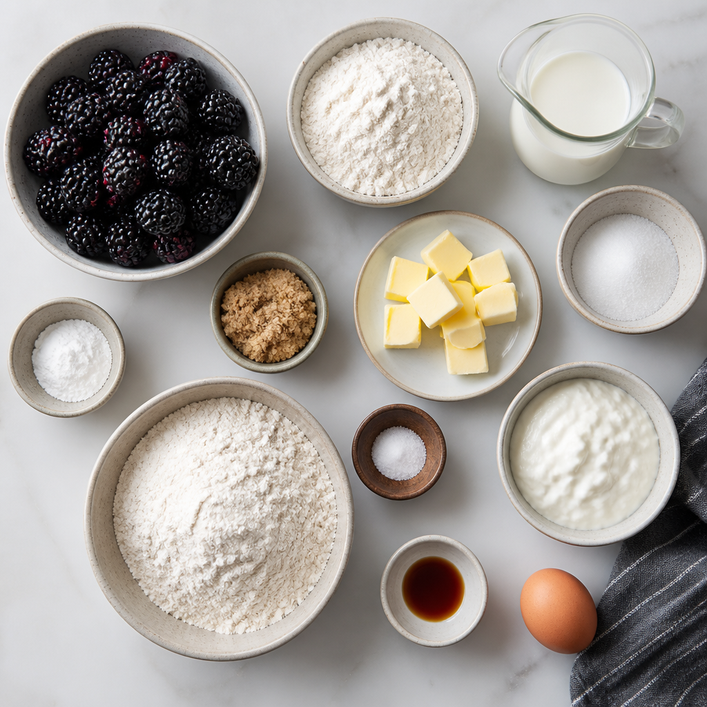 Overhead flat-lay of all ingredients for Blackberry Cobbler With Buttermilk Biscuit Topping laid out on a kitchen surface.