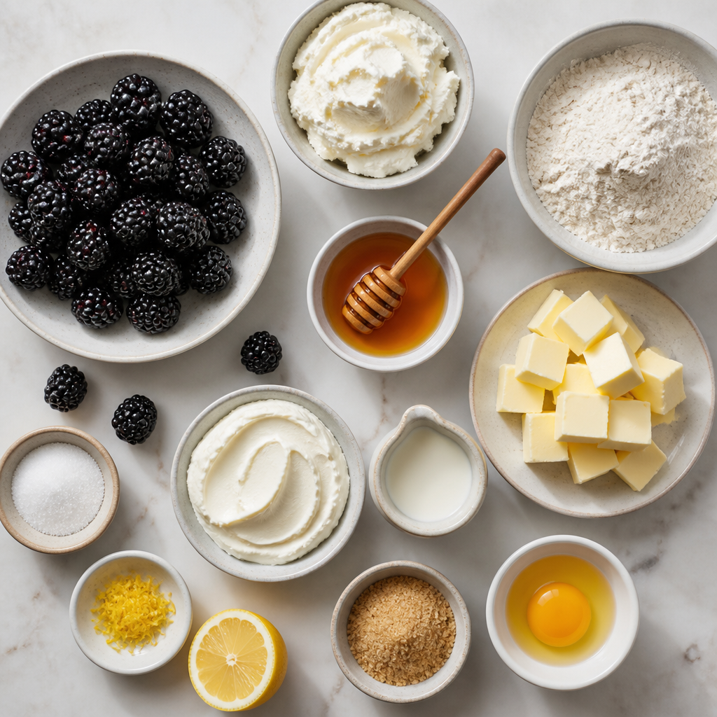 Overhead flat-lay of all ingredients for Blackberry Galette With Honey Mascarpone Filling laid out on a kitchen surface.